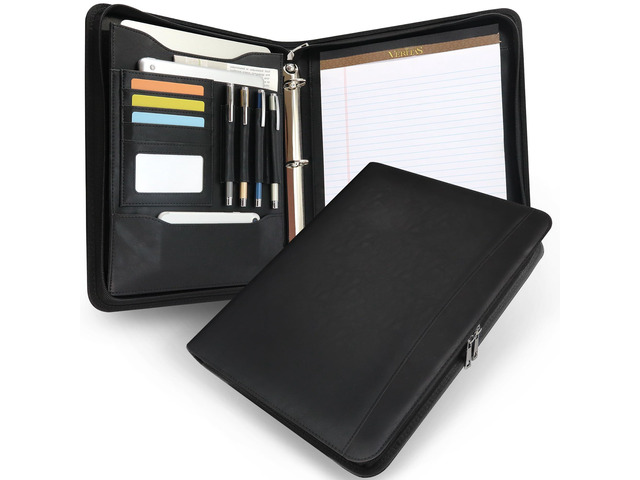 Zippered 3 Ring Portfolio Binder, Padfolio Organizer for Men Women Faux leather folder fits Letter/A4 pads and 13.9 in tablet, with card slots, 4...