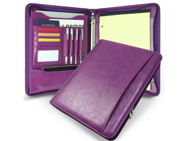 Zippered 3 Ring Portfolio Binder, Padfolio Organizer for Women Faux leather folder fits Letter/A4 pads and 13.9 in tablet, with card slots, 4 pen...