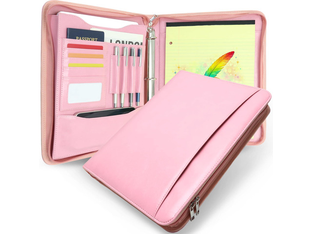 Zippered 3 Ring Portfolio Binder, Padfolio Organizer for Women Faux leather folder fits Letter/A4 pads and 13.9 in tablet, with card slots, 4 pen...