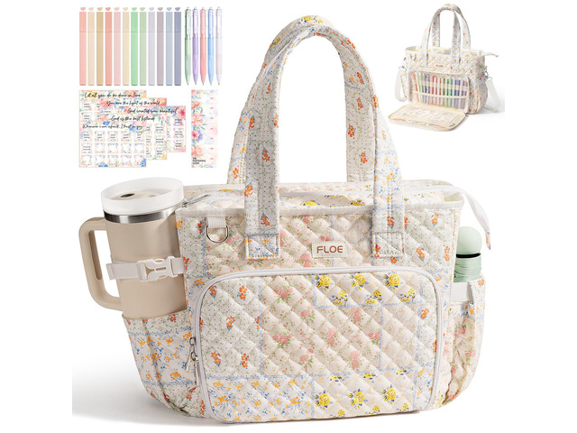 Large Bible Tote Bag for Women Bible Cover Case, Quilted Church Tote Bags Bible Study Supplies Journaling Kit Puffer Bible Carry Case w/Strap...