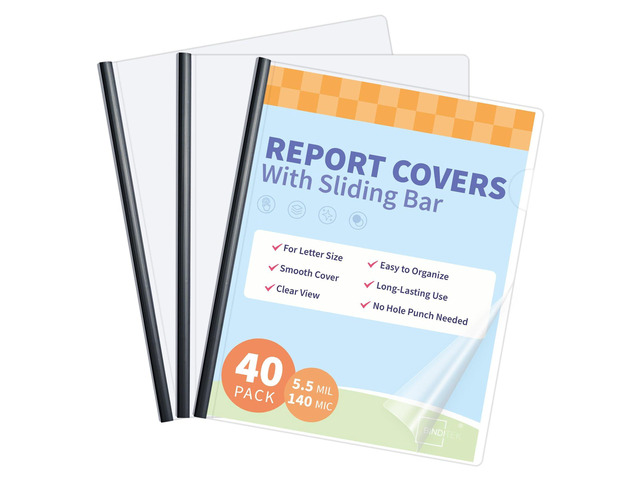Clear Report Covers with Sliding Bars, 25 Sheet Capacity, 40 Pack Clear Report Covers for A4 and Letter Size, 5mm Bars, 5.5 Mil Thick, Black, for...