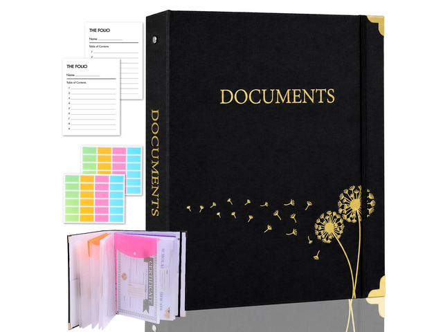 Important Document Organizer 3 Ring Linen Binders Folio File Folders Black Expanding File Storage Holder Emergency Binder Life Organizer with 9...