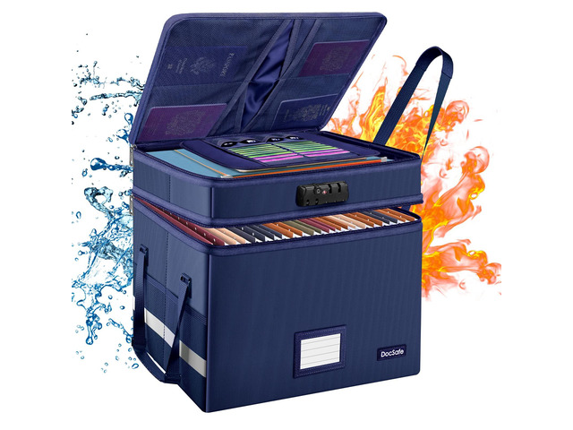 File Box with Lock,Multi-Layer Fireproof Document Box Collapsible File Storage Organizer with Pockets/Handle,Large Portable Home Office Filing Safe...