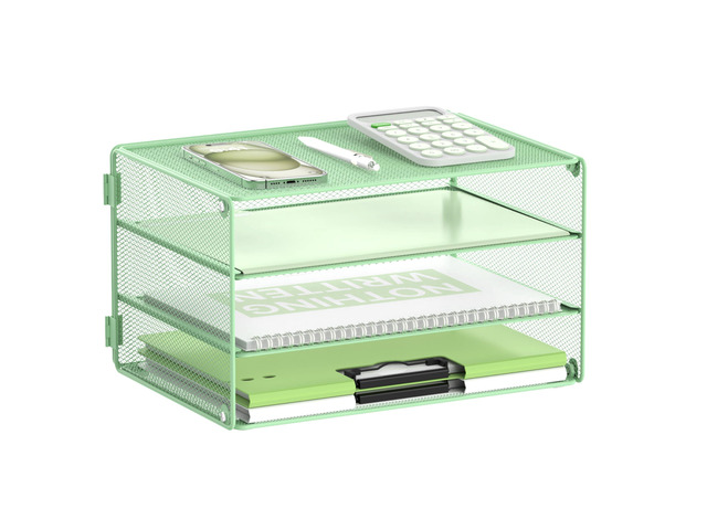 3 Tier Letter Tray Paper Organizer with Sliding Trays Mint Green Metal Mesh File Organizer with Sliding Trays for Letter and A4 Paper, Mail, Bills,...