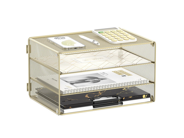 3 Tier Letter Tray Paper Organizer with Sliding Mesh Trays Yellow Metal Mesh File Organizer with Sliding Trays for Letter and A4 Paper, Mail,...