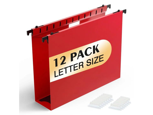 Plastic Hanging File Folder, Letter Size, 12 Pack, Red PP Reinforced Hang Folders, Heavy Duty 2 Inch Expansion, w/ 15 x Tabs, Filing Cabinet...