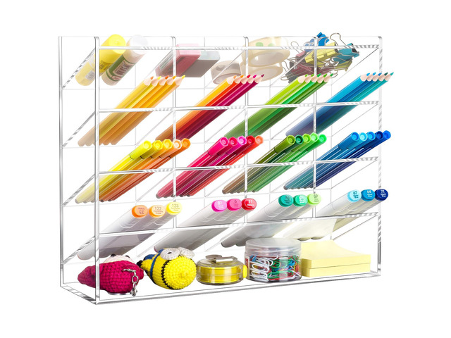 Acrylic Vertical Marker Organizer for 200 Markers, Desk Orgaizer 17 Compartments Clear Angled Pen & Pencil Holder, Large Stationery & Art Supply...