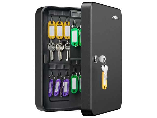 60 Position Key Cabinet with Key Lock Wall Mounted Black Security Storage Box Steel Key Organizer with Colorful Key Tag Labels Stickers and Hooks