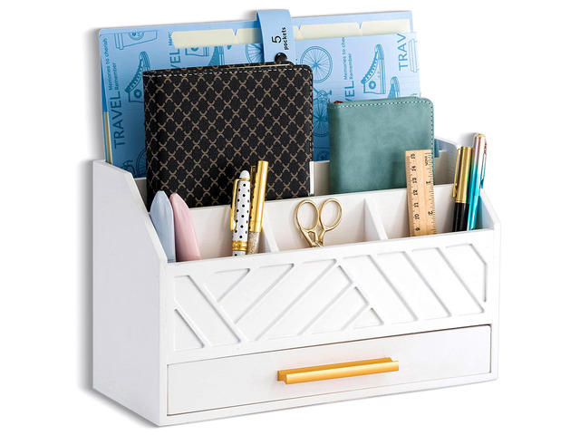 white Wood Desk Organizer and Accessories with Drawer, Bill Mail Organizer and File Mail Holder for Office Supplies, Modern Desk Accessories &...