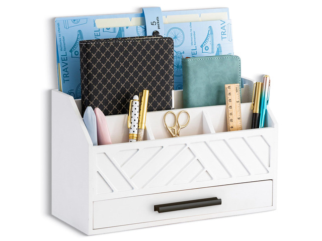 Wood Desk Organizer and Accessories with Drawer, Bill Mail Organizer and File Mail Holder for Office Supplies, Modern Desk Accessories & Workspace...