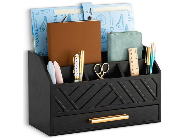 Black Wood Desk Organizer and Accessories with Drawer, Bill Mail Organizer and File Mail Holder for Office Supplies, Modern Desk Accessories &...