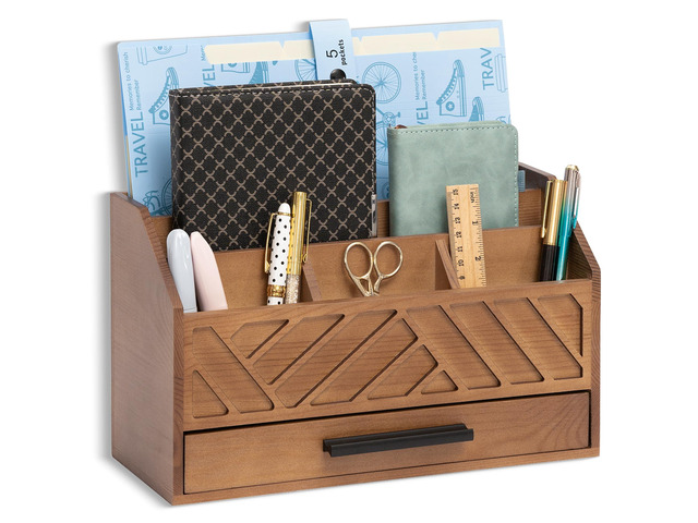 Brown Wood Desk Organizer and Accessories with Drawer, Bill Mail Organizer and File Mail Holder for Office Supplies, Modern Desk Accessories &...