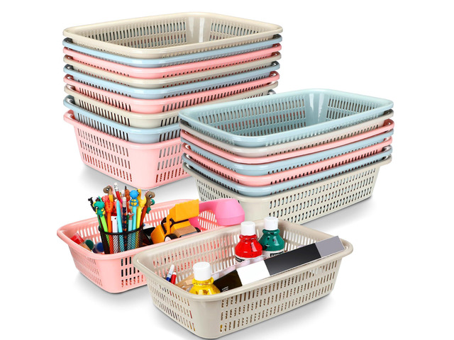 16 Pack Paper Basket,Blue, Pink, Beige,14 X 10 X 4 Inch,Fashion Paper Organizer Basket, Small Plastic Storage, Plastic Basket Tray, Office Bins...