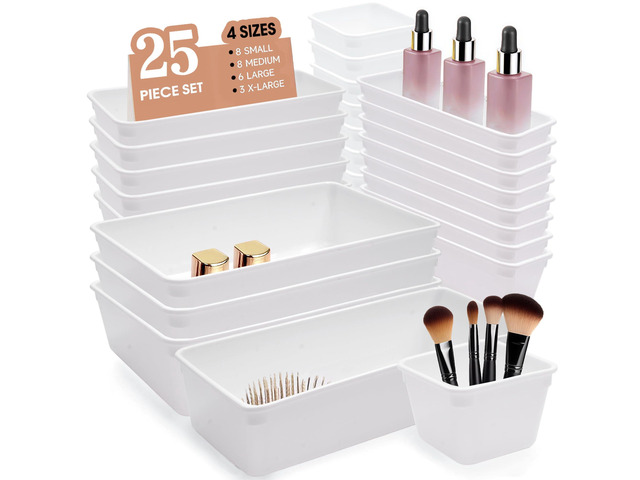 Kitchen Desk Drawer Organizers Storage for Office, Small Acrylic Vanity Trays Makeup for Drawer Bathroom Plastic Make up Organizers 25 Pcs White
