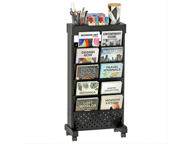 6-Tier Rolling Bookshelf Magazine Rack with Wheels Black Mobile Bookcase, Book Storage File Folder Organizer Cart for Home Study Office Living Room...