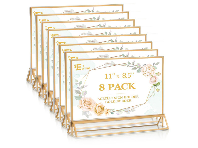 8 Pack Acrylic Sign Holder 8.5 x 11 Horizontal, Double-Sided Stand up Table Top Sign Holders, Gold Acrylic Picture Frame Menu Flyer Paper Holder...