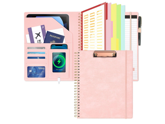 Clipboard with Storage for Men Women, Leather Padfolio Portfolio Organizer 5 Folders with 10 Pockets, Spiral Clipboard Folio with Notepad for...
