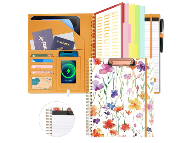 Clipboard with Storage for Women, Leather Padfolio Portfolio Organizer 5 Folders with 10 Pockets, Spiral Clipboard Folio with Notepad for Letter...