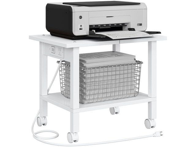 Printer Stand, 2 Tier Rolling Printer Cart with Charging Station Small Under Desk Printer Table with Wheels for Small Space, Office, Home, White...