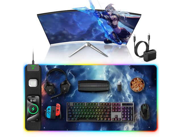 RGB Gaming Mouse Pad with Wireless Charging, Large Desk Mat, Blue Nebula 31.5 x 15.8 XXL Large Waterproof Mousepad Home Office Desk Pad, Includes...