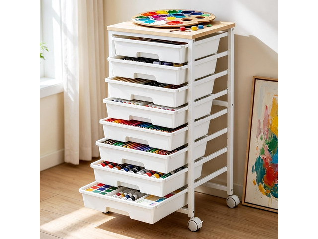 Rolling Cart with 8 Drawers for Classroom, Craft & Art Room,White Classroom Storage Cart with Drawers on Smooth-Gliding Tracks, Craft Storage...
