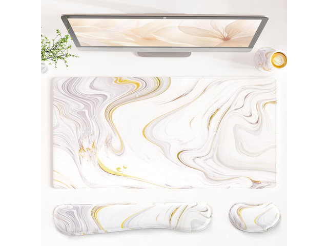 PU Leather Desk Mat Set, 4-in-1 Ergonomic Wrist Rest, White Marble Waterproof Large Mouse Pad 31.5×15.7 + Keyboard Wrist Rest + Mouse Wrist...