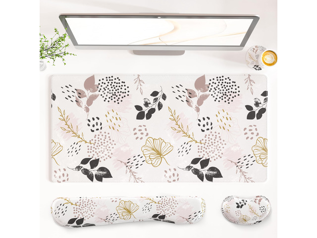 PU Leather Desk Mat Set, 4-in-1 Ergonomic Wrist Rest, Botanical Leaf Waterproof Large Mouse Pad 31.5×15.7 + Keyboard Wrist Rest + Mouse Wrist...
