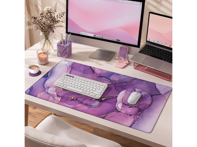 Purple Keyboard Mat 35.4'x15.7', Desk Blotter for Workspace Mousepad Set with Wrist Support and Coaster Set, Cozy Desk Cover Set for Gaming Vanity...