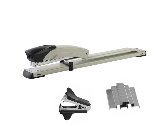 Long Reach Stapler,with 2000 Staples & Stapler Remover Full Strip20-25 Sheet Capacity,with Built-in Ruler and Adjustable Locking Paper Guide, Gray