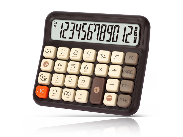 Cute Desk Calculator, 12-Digit LCD, Typewriter-Style Keys, Brown Desktop Basic Calculator with Big Buttons, 5-Inch Display, Battery Powered, 15°...
