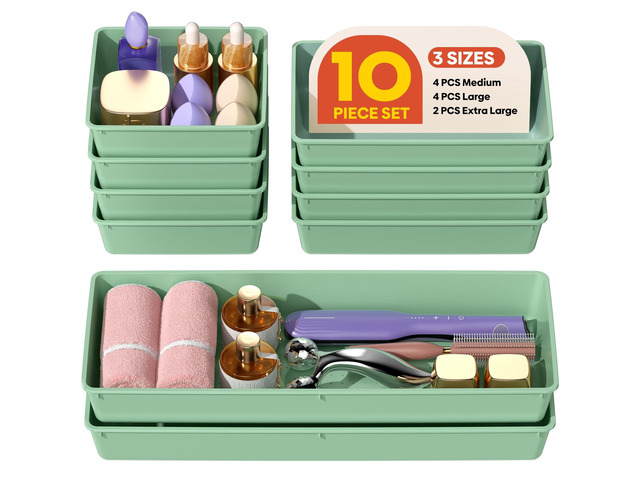 10 Pack Large Size Plastic Drawer Organizers Set, 3 Sizes Desk Drawer Organizer Trays, Storage Bins for Vanity, Makeup, Bathroom, Kitchen Utensils...