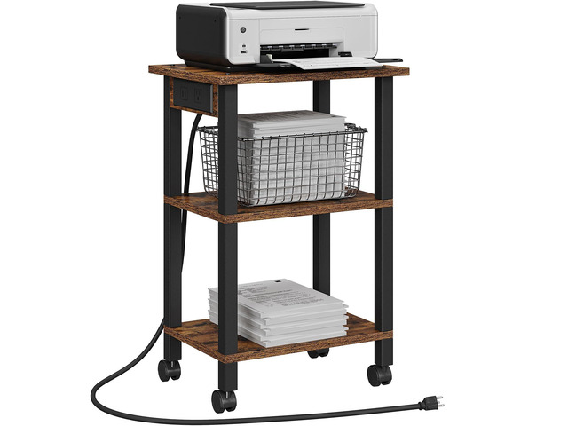 Printer Stand, 3 Tier Rolling Printer Cart with Charging Station Small Under Desk Printer Table with Wheels for Small Space, Office, Home, Brown...