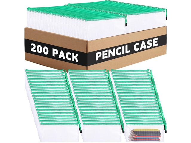 200 Pcs A6 Mesh Zipper Pouches Bulk 9.4'x4.5',Green Colors Waterproof Pencil Bags for Office Supplies, Transparent Design for Stationery Storage,...