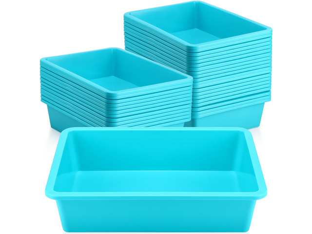 18 Pcs Flat Storage Organizer Bins Paper Tray Classroom,Light Blue Plastic Baskets, Letter Size, for Art Pencil Book Organization, for School...