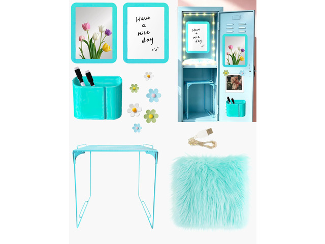14 Pcs Blue Locker Accessories Kit with Locker Shelf Locker Organizer for Girls, Magnetic Whiteboard Mirror Rug String Light Pen Holder Flower...