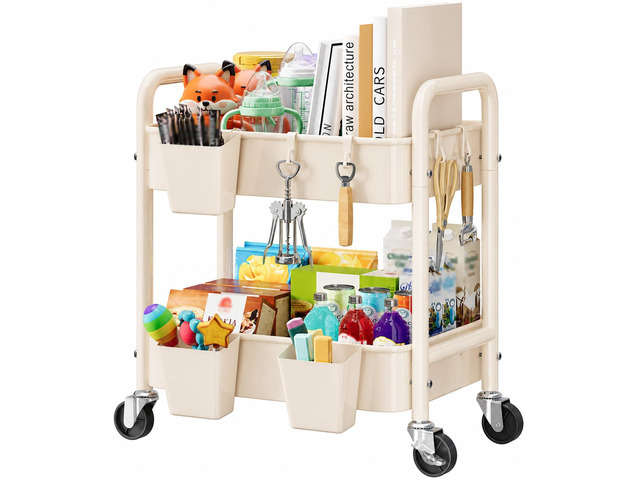 2 Tier Metal Small Rolling Cart with Wheels for Under Table Storage, Khaki Utility Cart Organizer with Hooks, Cups, Under Desk Carts for Bathroom,...