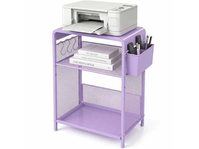 Small 3 Tier Printer Stand for Under Desk, Height Adjustable Shelf Printer Table with 3 S-Hooks & Basket, Heavy Duty Industrial Storage Shelf for...