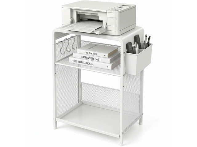 Small 3 Tier Printer Stand for Under Desk, Height Adjustable Shelf Printer Table with 3 S-Hooks & Basket, Heavy Duty Industrial Storage Shelf for...