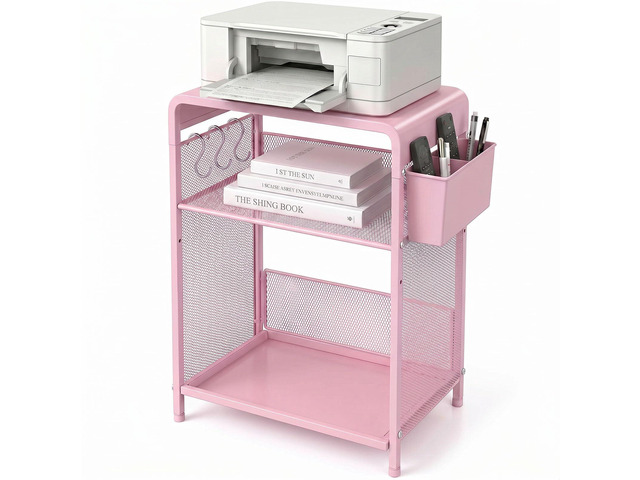 Small 3 Tier Printer Stand for Under Desk, Height Adjustable Shelf Printer Table with 3 S-Hooks & Basket, Heavy Duty Industrial Storage Shelf for...