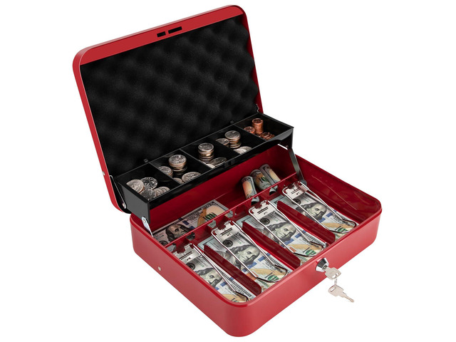 Cash Box with Key Lock & Foam Auto-Pop Coin Tray Secure Steel Money Box with 4 Upgraded Finger-Safe Bill Clips, Premium Smooth Scratch-Resistant...