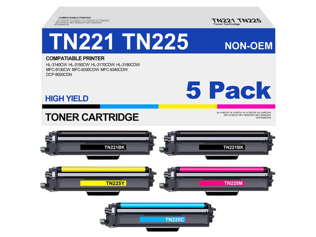TN221 TN225 Toner Cartridge High Yield Replacement for Brother TN 221 TN 225 Compatible with MFC-9130CW HL-3170CDW HL-3140CW HL-3180CDW MFC-9330CDW...