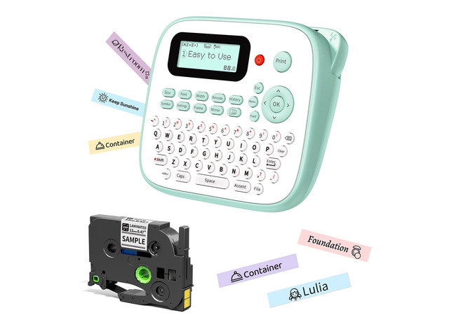 D210S Label Maker Machine with-Tape for Kids School Supplies, Green Handheld Desktop Labeler Waterproof-Labels-12mm 0.47 Laminated White, Multiple...