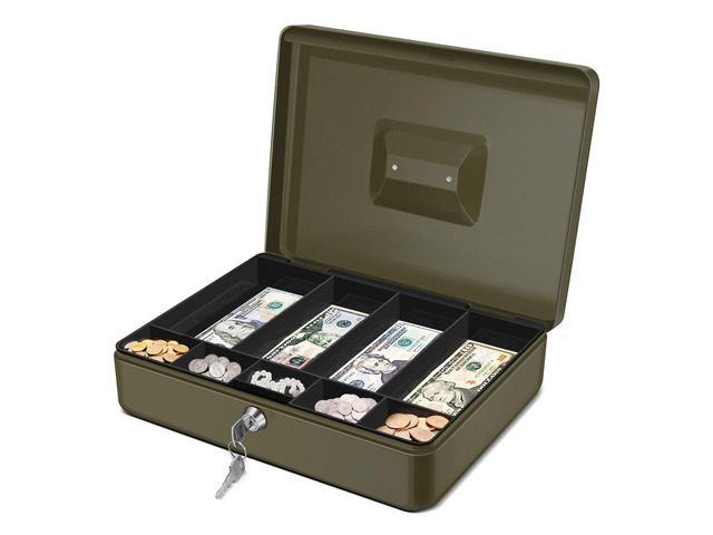 Small Cash Box with Money Tray and Lock, 11.4-Inch, Green Portable Metal Money Box for Petty Cash with Removable 9-Compartment Tray, 4 Bill Slots,...