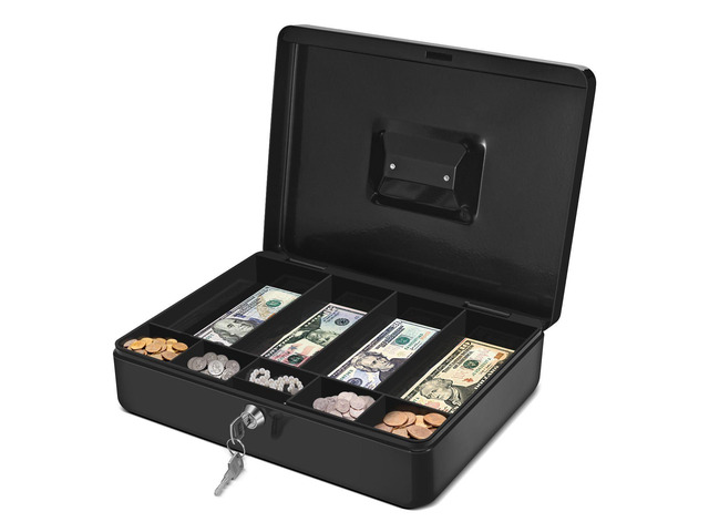 Cash Box with Money Tray and Lock - Metal Cash Box for Small Businesses, 9-Compartment Black Money Box with Removable Tray and Key, Portable...