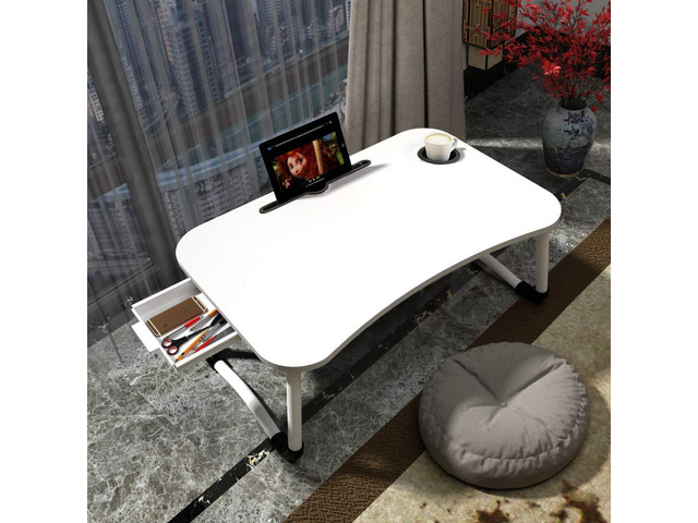 23.6'' Ergonomic Lap Desk with Storage Drawer & Cup Holder, Foldable Laptop Bed Table for Home Office, Gaming, Writing, Breakfast - Lightweight,...