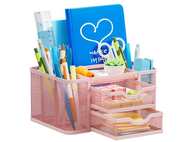 Mesh Desk Organizer, Pen Organizer with 2 Drawer, Multi-Functional Pencil Holder, Desk Organizers and Accessories with 5 Compartments + Drawer for...