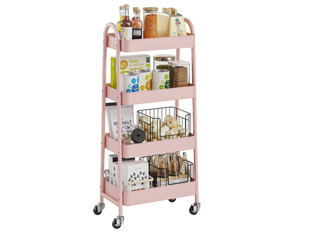 4 Tiers Rolling Utility Cart, Storage Organizer, Shelving Unit Metal, Lockable Wheels, Mobile, Kitchen, Bathroom, Laundry, Narrow Places, Pink