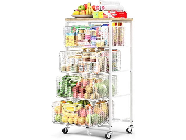 Kitchen Storage Cart with Drawers,Metal Snack Cart Organizer,White 4-Tier Craft Cart with Lockable Wheels, Wooden Top, Rolling Storage Drawer Carts...