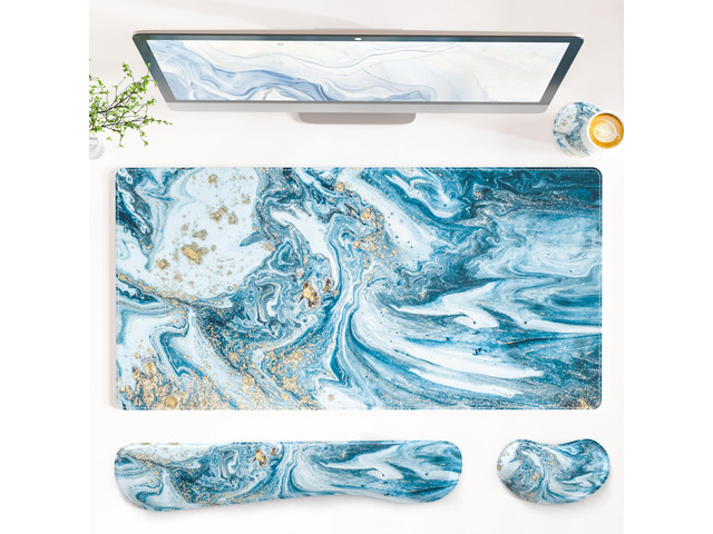 PU Leather Desk Mat Set, 4-in-1 Ergonomic Wrist Rest, Blue Marble Waterproof Large Mouse Pad 31.5×15.7 + Keyboard Wrist Rest + Mouse Wrist...