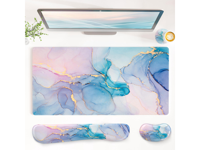 PU Leather Desk Mat Set, 4-in-1 Ergonomic Wrist Rest, Blue Pink Fluid Waterproof Large Mouse Pad 31.5×15.7 + Keyboard Wrist Rest + Mouse Wrist...